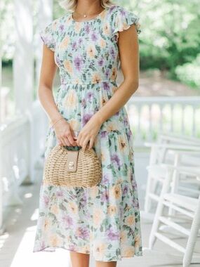 august sky women's smocked midi dress August Sky Women's Split Neck Smocked Tiered Floral Midi Dress, Sage Multi,  Small : Target